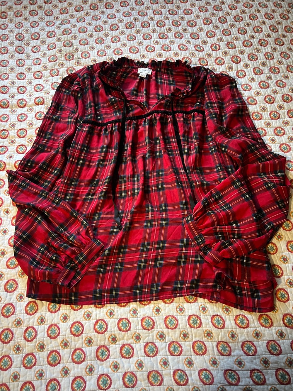 J. Crew Christmas Plaid Velvet Tassel Blouse size large